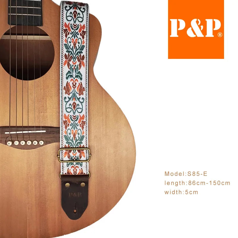 PP Guitar Strap S85 Series Ethnic Jacquard Embroidery Leather Brown