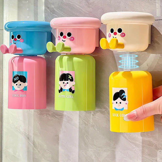 Cute Kids Creative Toothbrushes Holder,Household No Punching Organiser Rack with Cups for Toothpaste Comb,2 In 1 Gargle Cup Peaceful Pleasures Health and Wellness