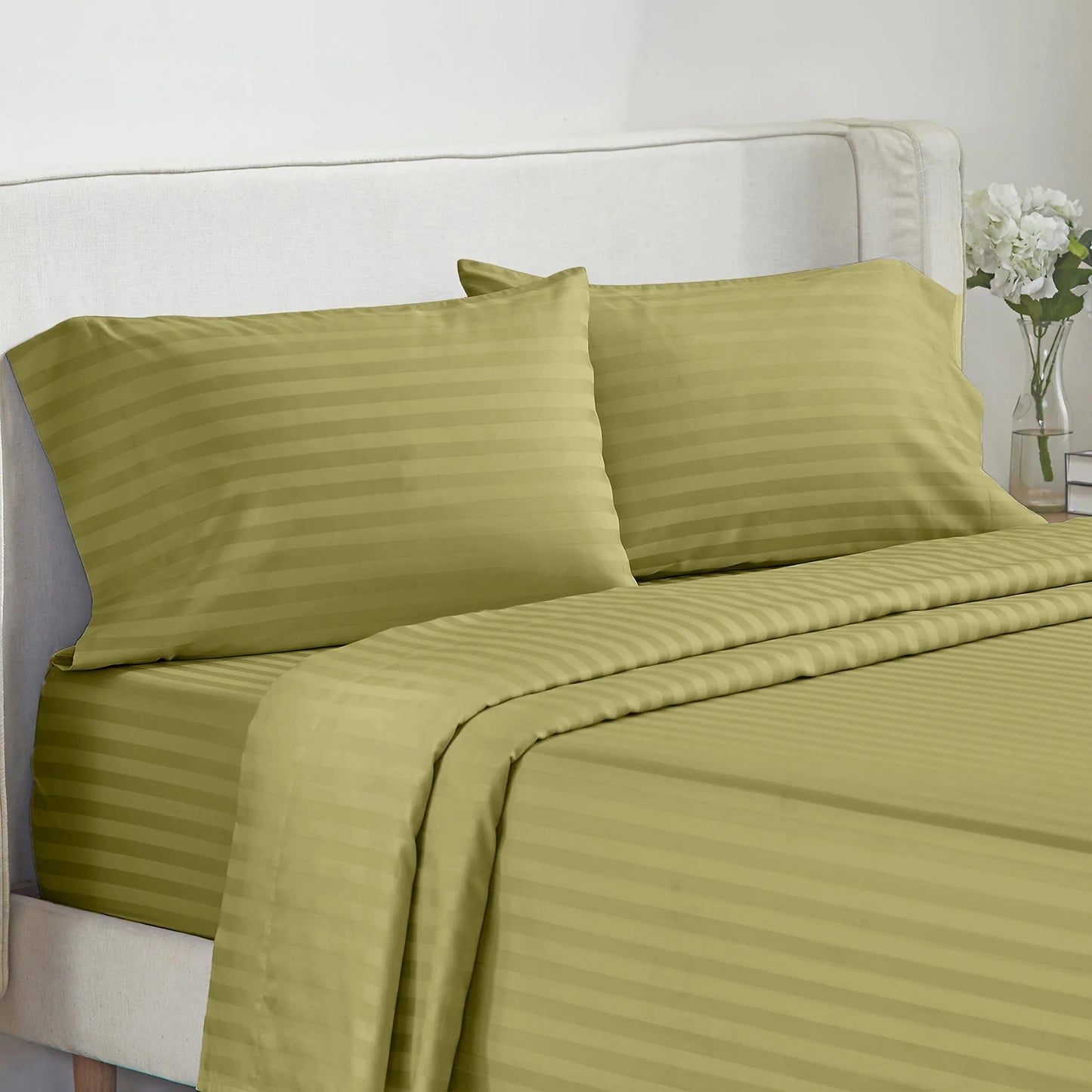 Battilo Bed Sheets 4 Pieces Set Luxury Fitted Flat Sheet with Pillowcases Solid Stripe Bedding Set For Twin Full Queen King Size Peaceful Pleasures Health and Wellness Green Twin