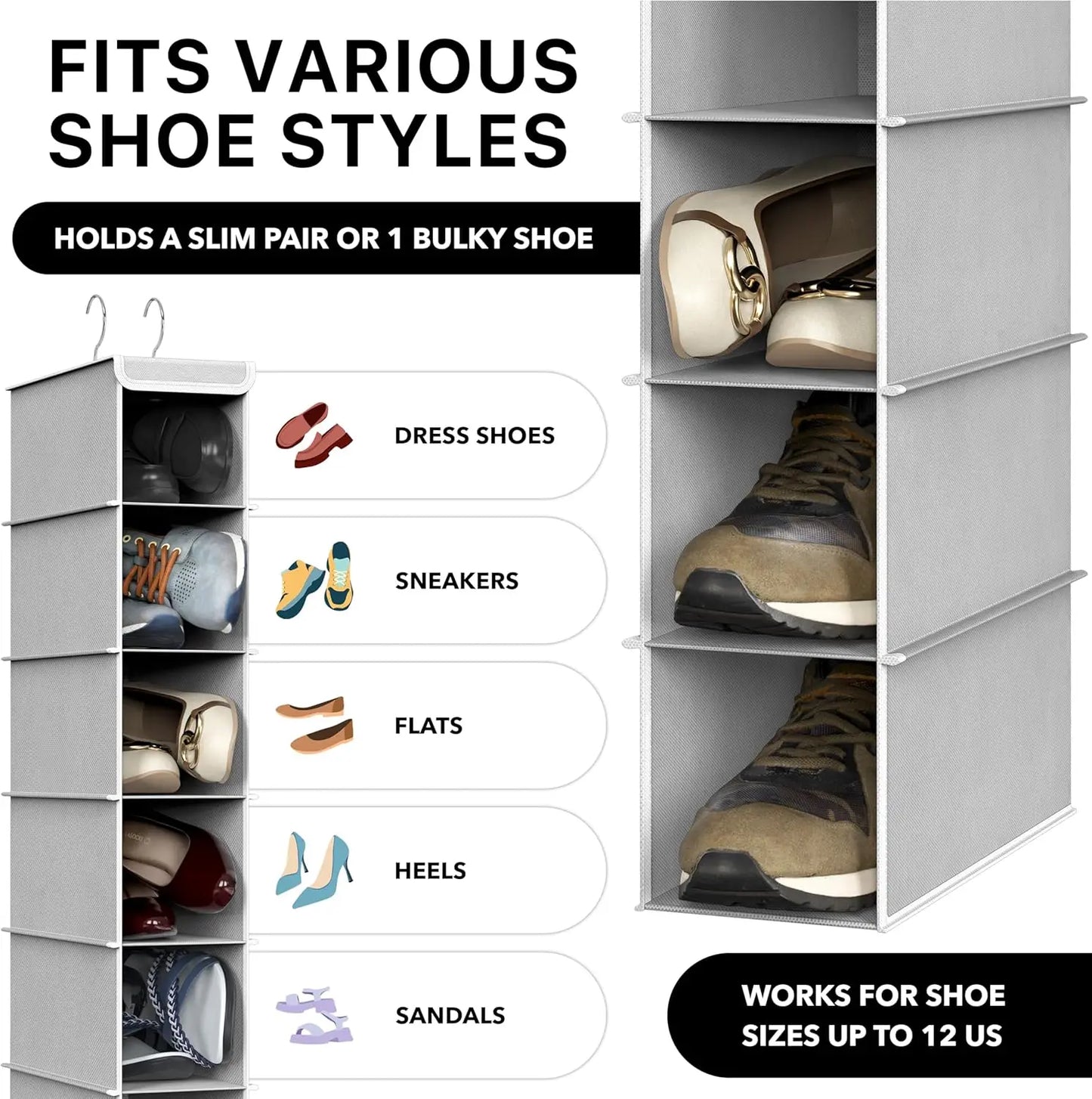 10-Tier Hanging Shoe Organizer for Closet – Grey, Foldable Peaceful Pleasures Health and Wellness