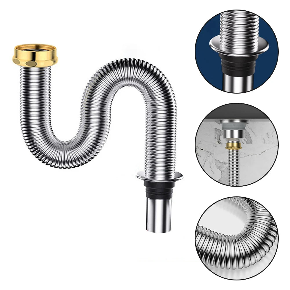 80 Stainless Steel Sink Siphon Waste Drain Flexible Pipe Hose Kitchen