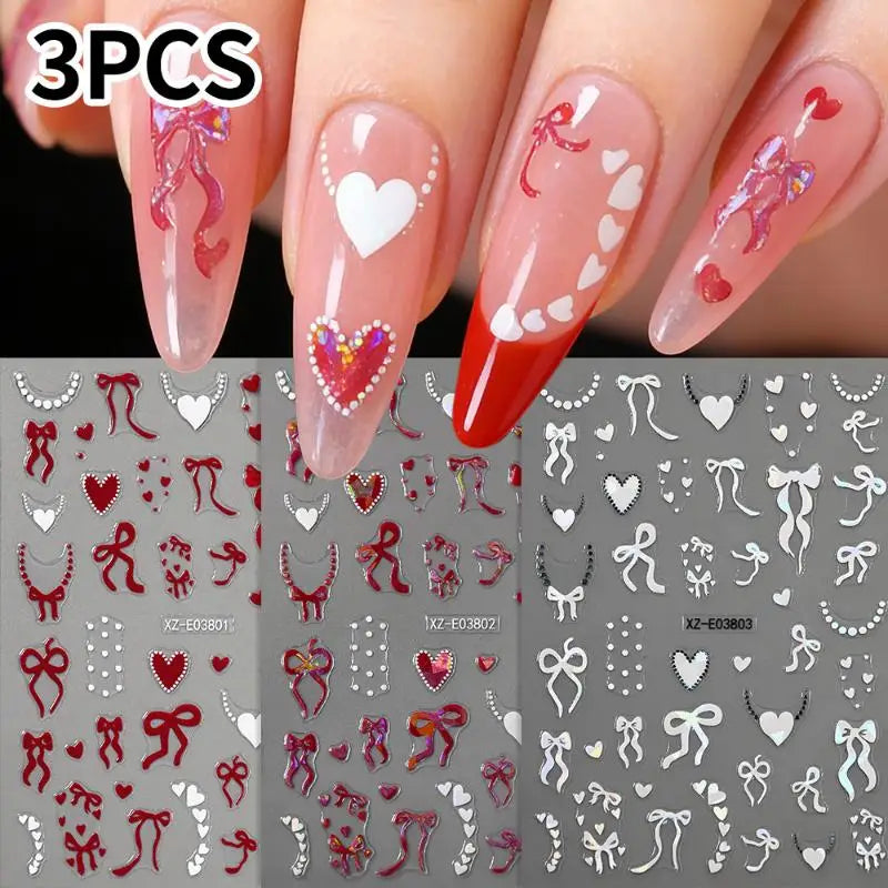 Aurora French Ribbon Heart Nail Stickers Pearl Love Chain Adhesive Nail Decals Valentine's Day Bows Manicure Sticker Peaceful Pleasures Health and Wellness SET