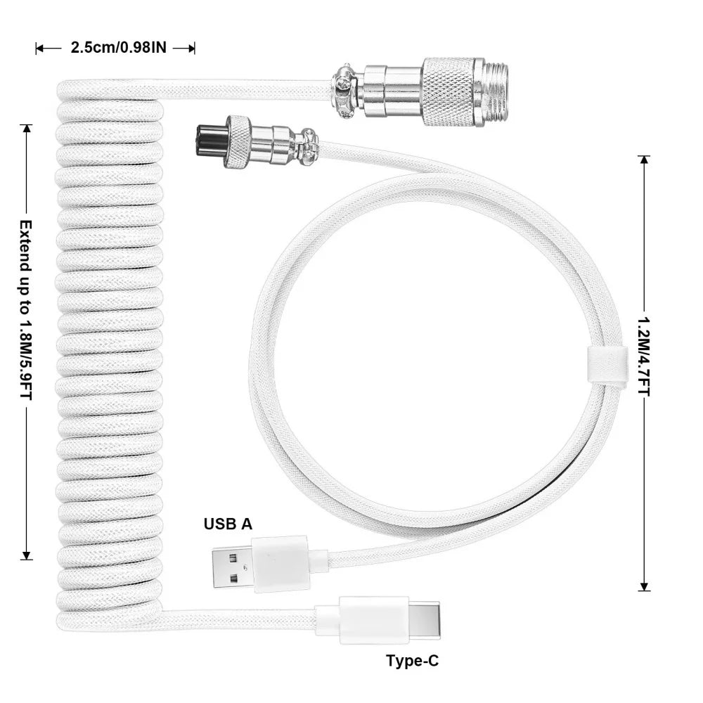 USB-C Coiled Keyboard Cable | Aviator Connector, Braided, 3M