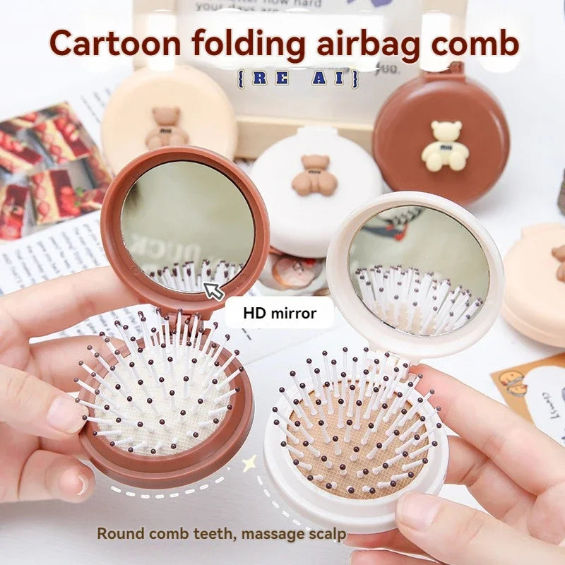 Cartoon Bear Folding Comb for Girls – Air Cushion & Mirror