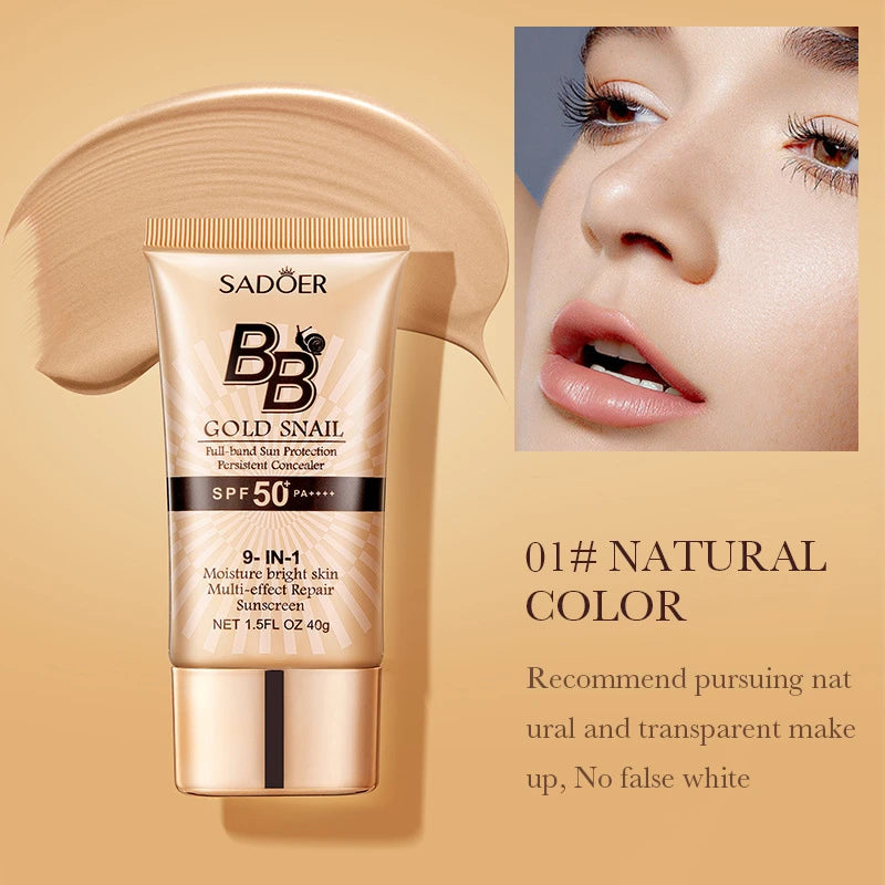 SADOER Gold Snail Sunscreen BB Cream Foundation Concealer Moisturizing Isolation Cream SPF50+PA+++ 40g Peaceful Pleasures Health and Wellness 01 Natural color