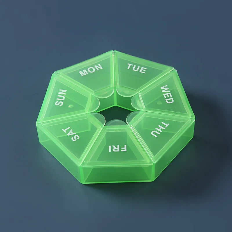 Portable Pill Box 7 Day 7 Compartments Food Grade PP Plastic Medicine Organizer Travel Pill Case Peaceful Pleasures Health and Wellness green