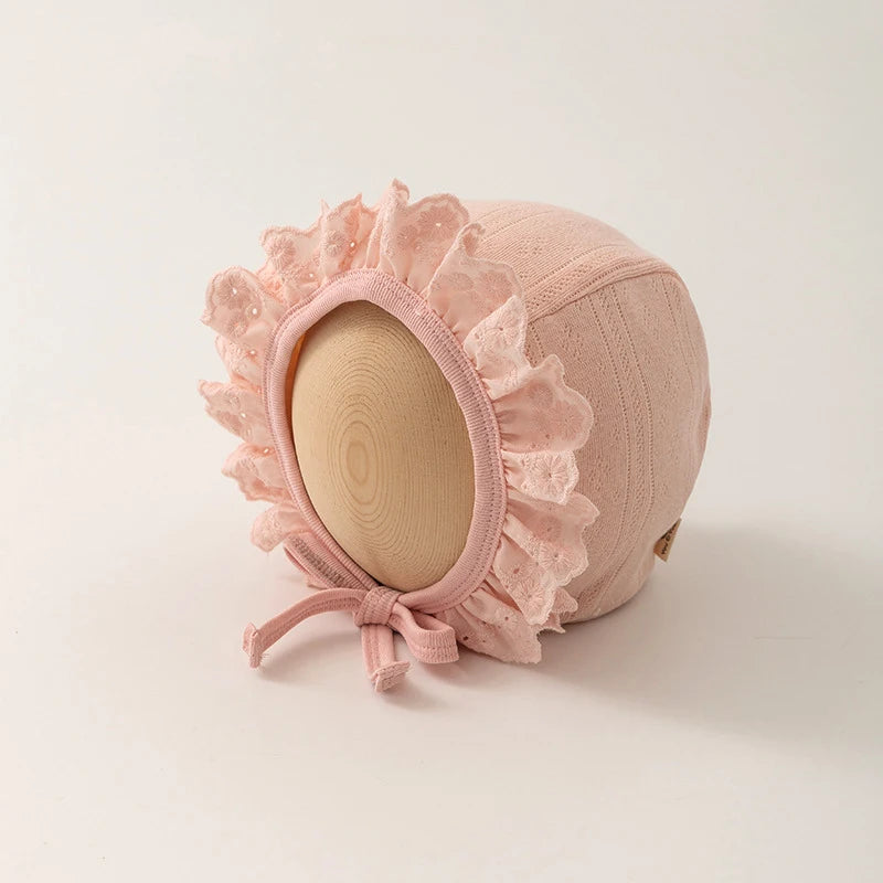 Baby Girl Lace Ruffle Bonnet Hat | Newborn Photo Prop Cap
