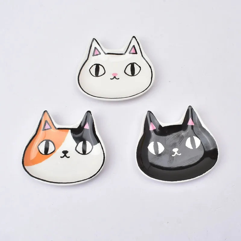 New Japanese Style Ceramic Three Colored Cat Dish Cute Cat Shaped Sauce Dish Household Snack Mustard Seasoning Dishes Tableware Peaceful Pleasures Health and Wellness
