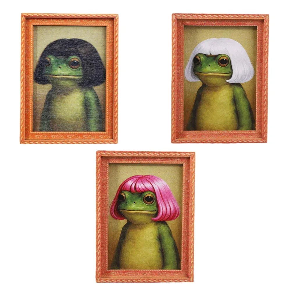 1pc Mini Wooden Photo Frame Frog Fridge Magnet Funny Green Frog & Haircut Design Creative Refrigerator Decor for Home Office Peaceful Pleasures Health and Wellness 3PCS