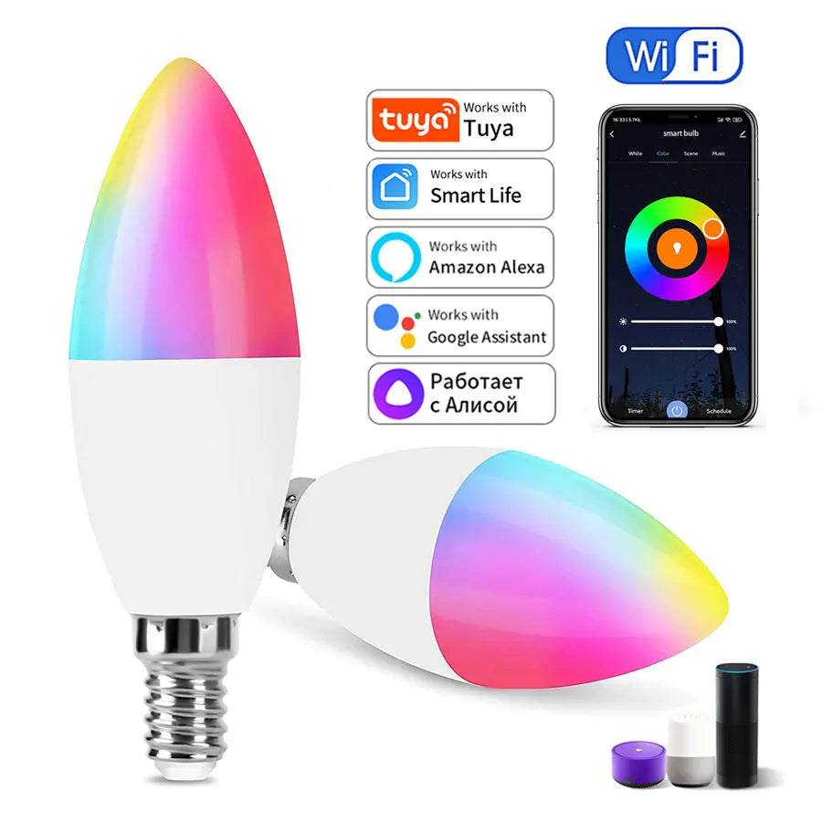 220V 5W 7W 9W Tuya WiFi Smart Bulb E14 candle Light Dimmable RGB Lamp Smart Life APP Alexa Google Assistant Home Voice Control Peaceful Pleasures Health and Wellness