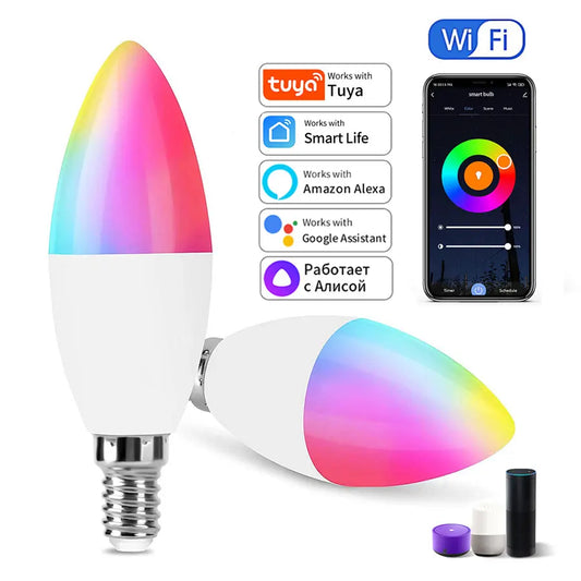 220V 5W 7W 9W Tuya WiFi Smart Bulb E14 candle Light Dimmable RGB Lamp Smart Life APP Alexa Google Assistant Home Voice Control Peaceful Pleasures Health and Wellness