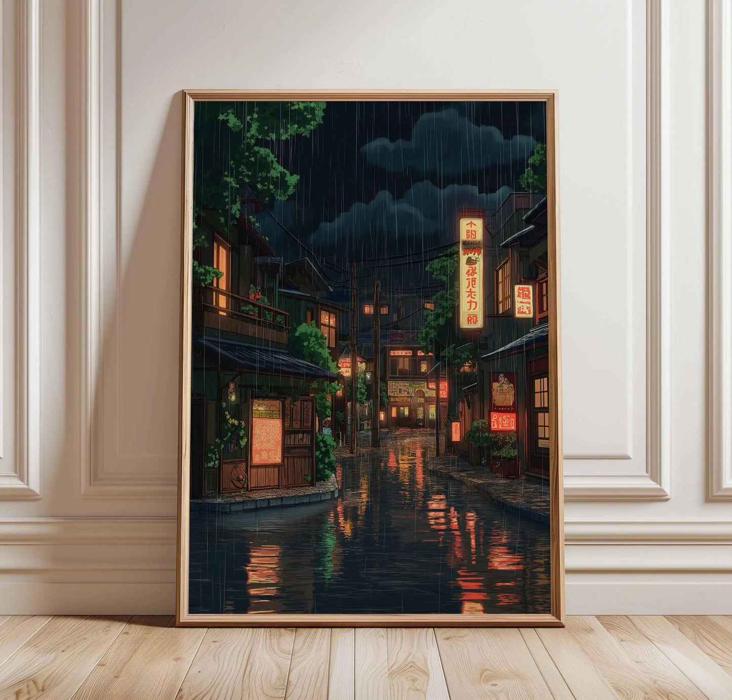 Retro Japanese City Rain Canvas Wall Art Poster | Frameless Canvas Wall Art Peaceful Pleasures Health and Wellness