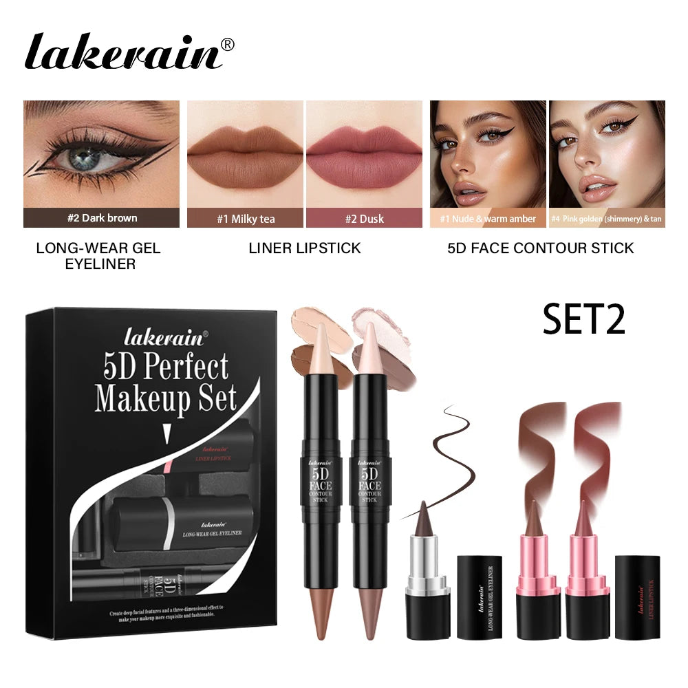 5pcs Perfect Makeup Set With Contouring Stick Eyeliner And Lipstick Easy Coloring Sweatproof Long Lasting Daily Makeup Set Peaceful Pleasures Health and Wellness set 2