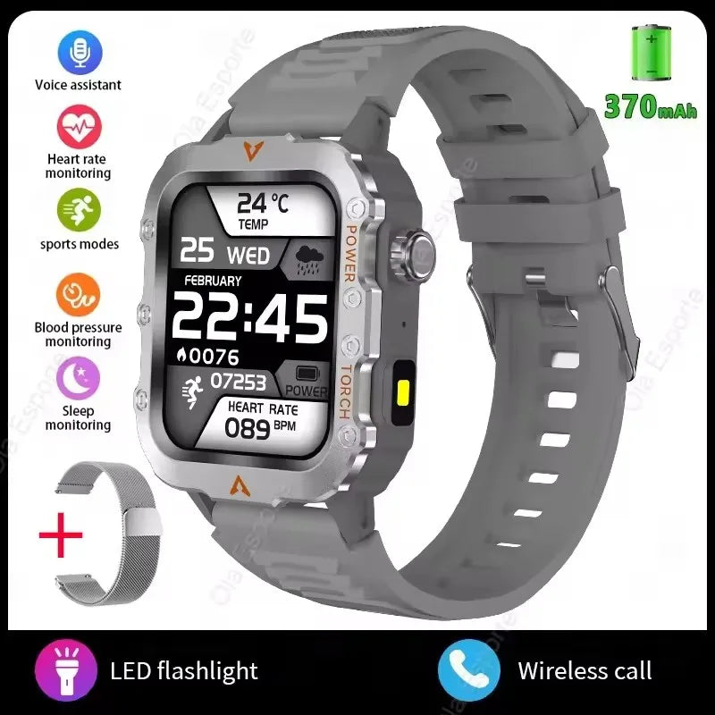 2026 New Military Outdoor Smart Watch Men's GPS Flashlight Bluetooth Call 2.01" AMOLED Screen 3ATM Waterproof Sports Smartwatch Peaceful Pleasures Health and Wellness Silver22Milan Smartwatch