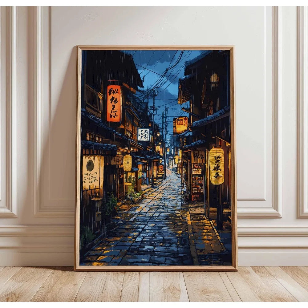 Retro Japanese City Rain Canvas Wall Art Poster | Frameless Canvas Wall Art Peaceful Pleasures Health and Wellness