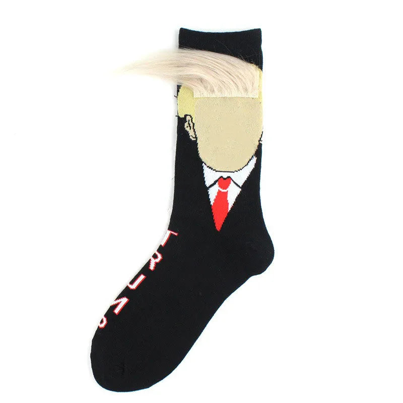 Funny and Funny Presidential Socks With 3D Fake Hair Round Neck Socks for Men's Street Clothing Hip Hop Socks Peaceful Pleasures Health and Wellness Gray Black One Size