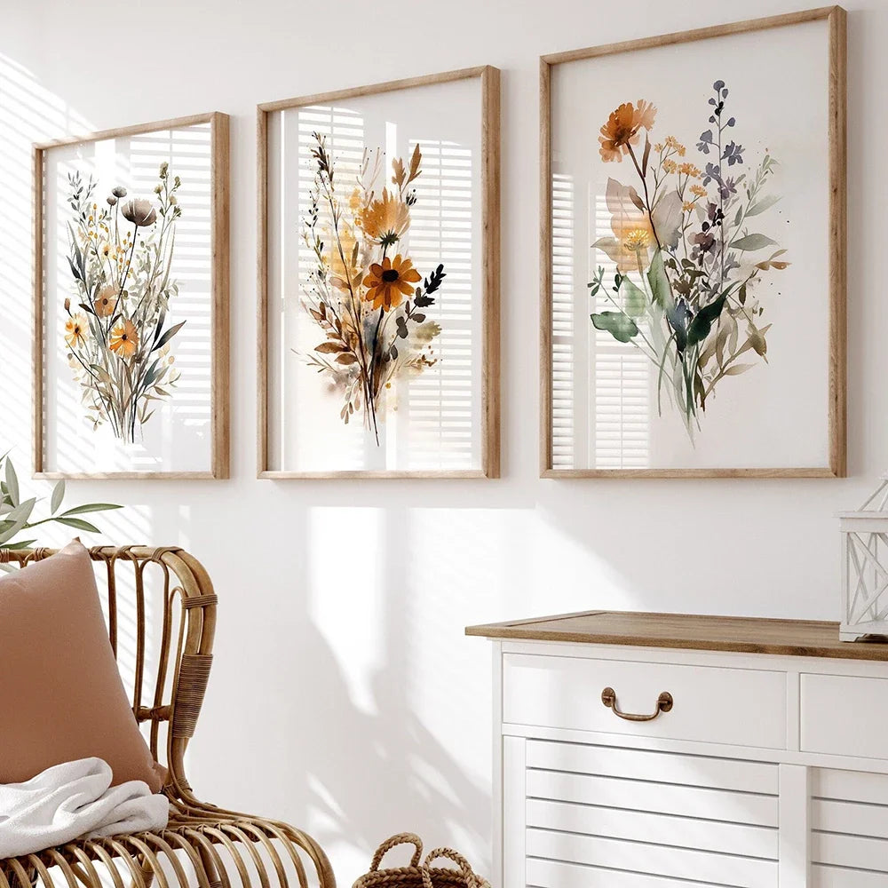 Scandinavian Minimalist Aesthetic Wall Art Neutral Watercolor Wildflowers Plants HD Poster Prints Home Bedroom Living Room Decor Peaceful Pleasures Health and Wellness
