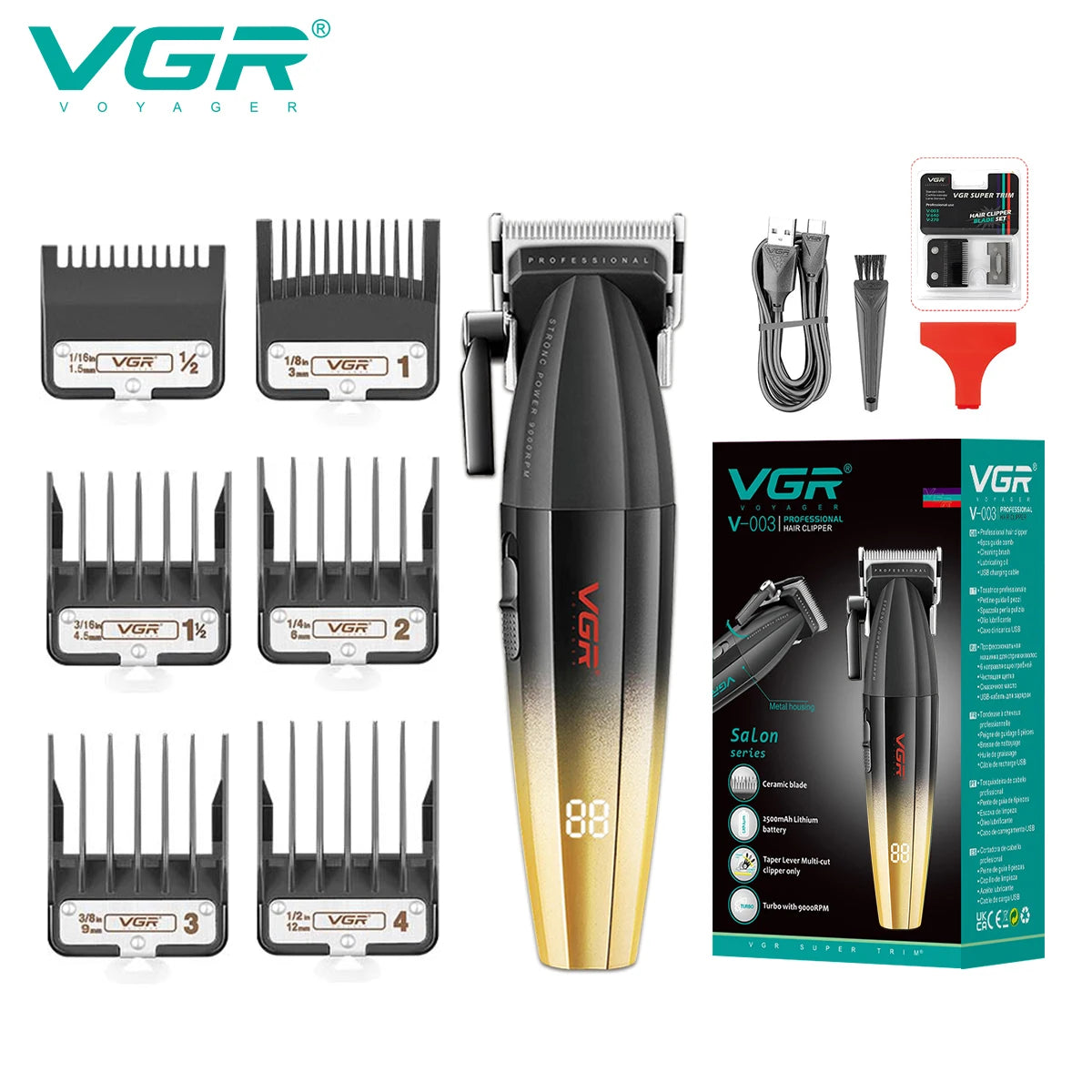 VGR Hair Clipper Professional Hair Trimmer Electric Clippers Cordless Hair Cutting Machine 9000RPM Trimmer Clipper for Men V-003 Peaceful Pleasures Health and Wellness USB 1