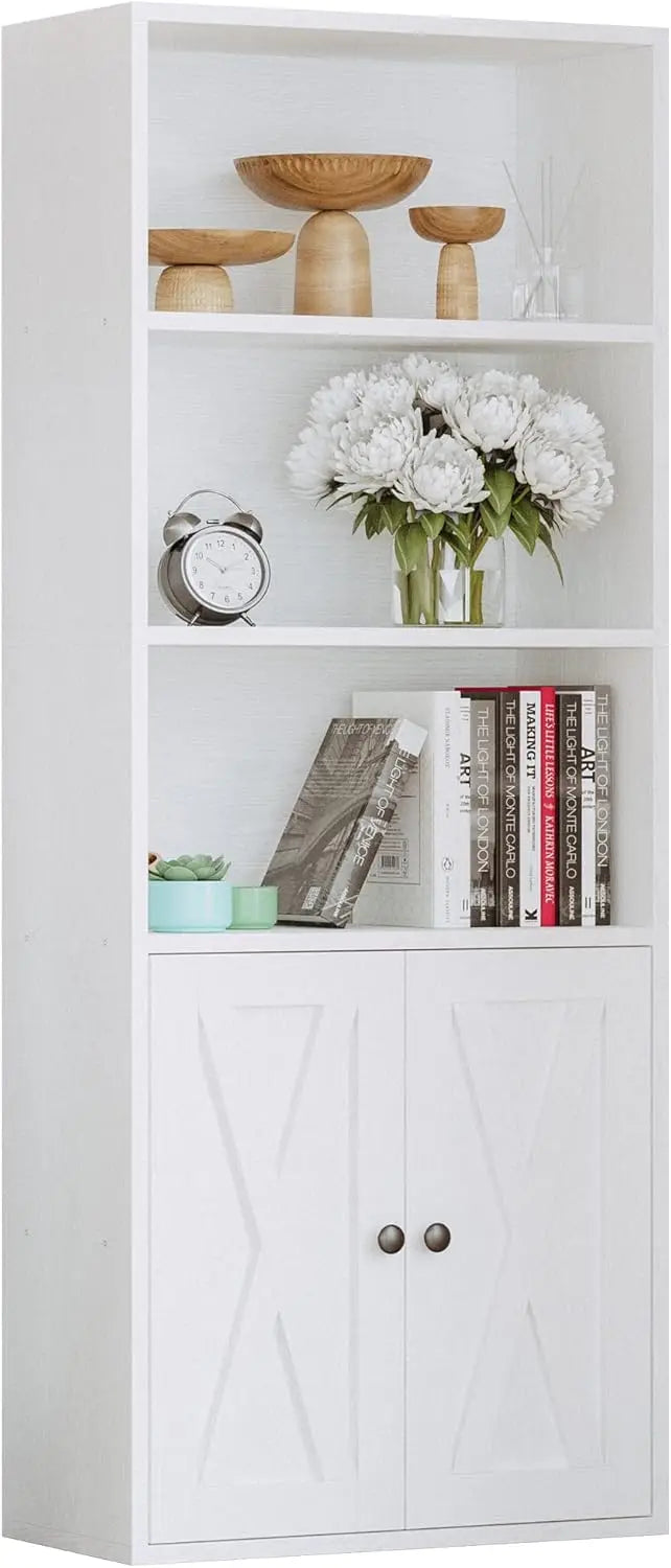 White bookshelf with decorative items including books, a clock, and flowers.