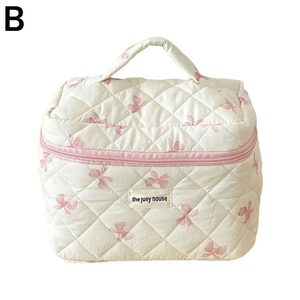 Quilted Makeup Bag 3 Sizes Floral Toiletry Cosmetic Pouch Makeup Organizer Travel Floral Bag for Bridesmaid Gifts, Daily Use Peaceful Pleasures Health and Wellness pink-L