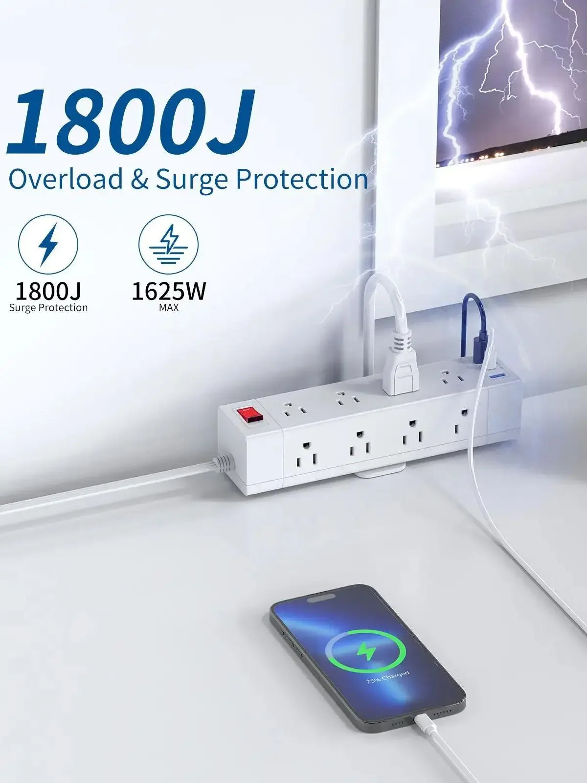 PASSUS 3-Way Power Strip with PD20W Fast Charging & Safety Switch Peaceful Pleasures Health and Wellness