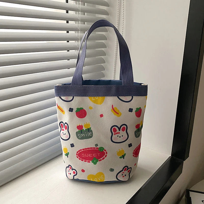 Cute Animal Doodle Canvas Bucket Bag | Cylindrical Lunch Tote