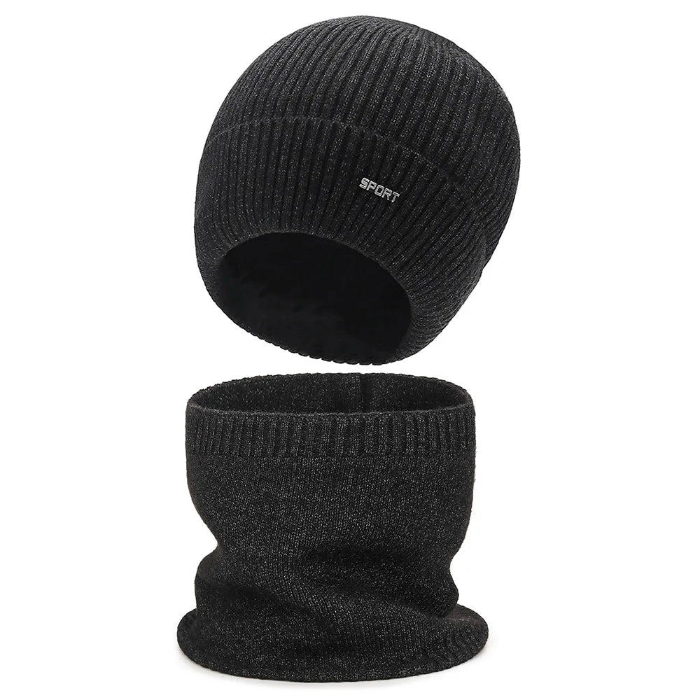 Winter New Solid Color Men's And Women's Knitted Hats+Ear Protection Scarf Set Warm Hat Scarf,Outdoor Warm Hat Warm Peaceful Pleasures Health and Wellness Dark Gray Set One Size