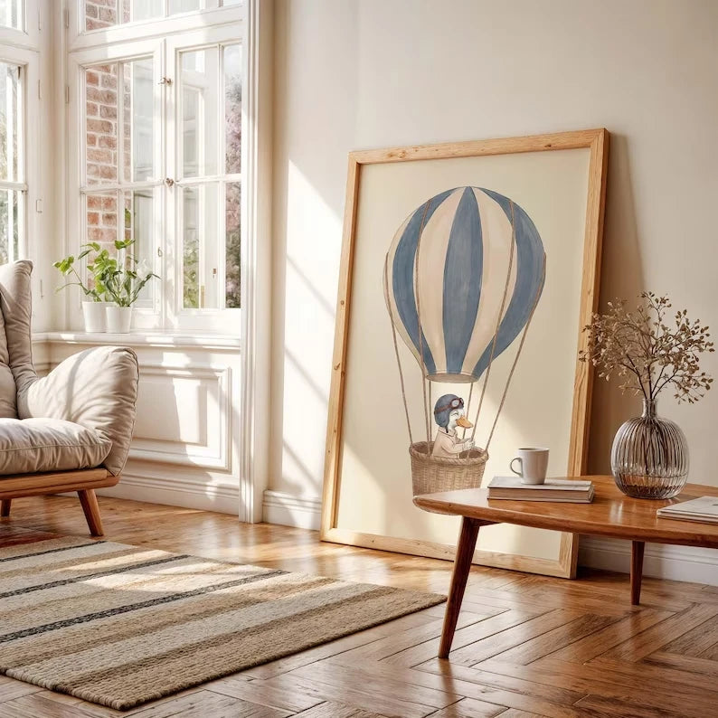 Hot Air Balloon Duck Canvas Wall Art | Kids Room Decor Print