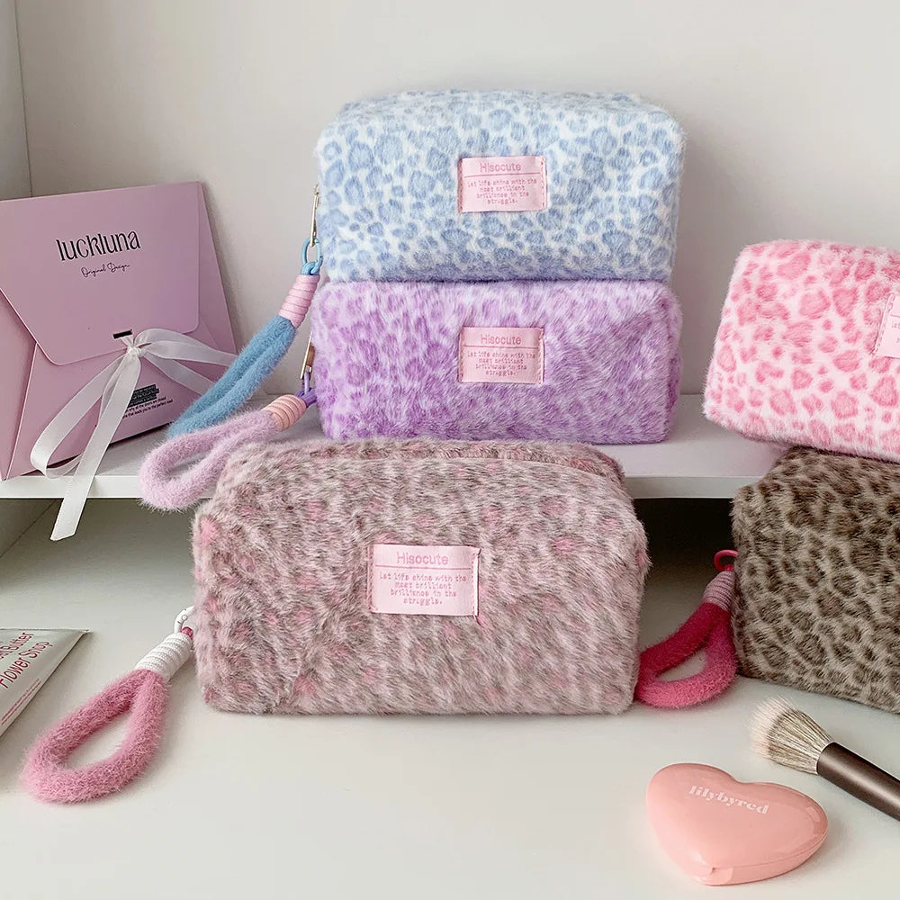 Plush Leopard Print Makeup Bag Student Portable Stationery Pencil