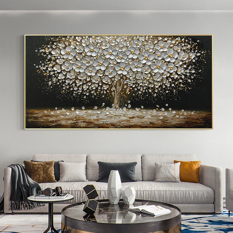 Abstract Leaves Oil Painting Print On Canvas Texture Golden and Silver Trees Wall Art Modern Home Decor Living Room Wall Decor Peaceful Pleasures Health and Wellness