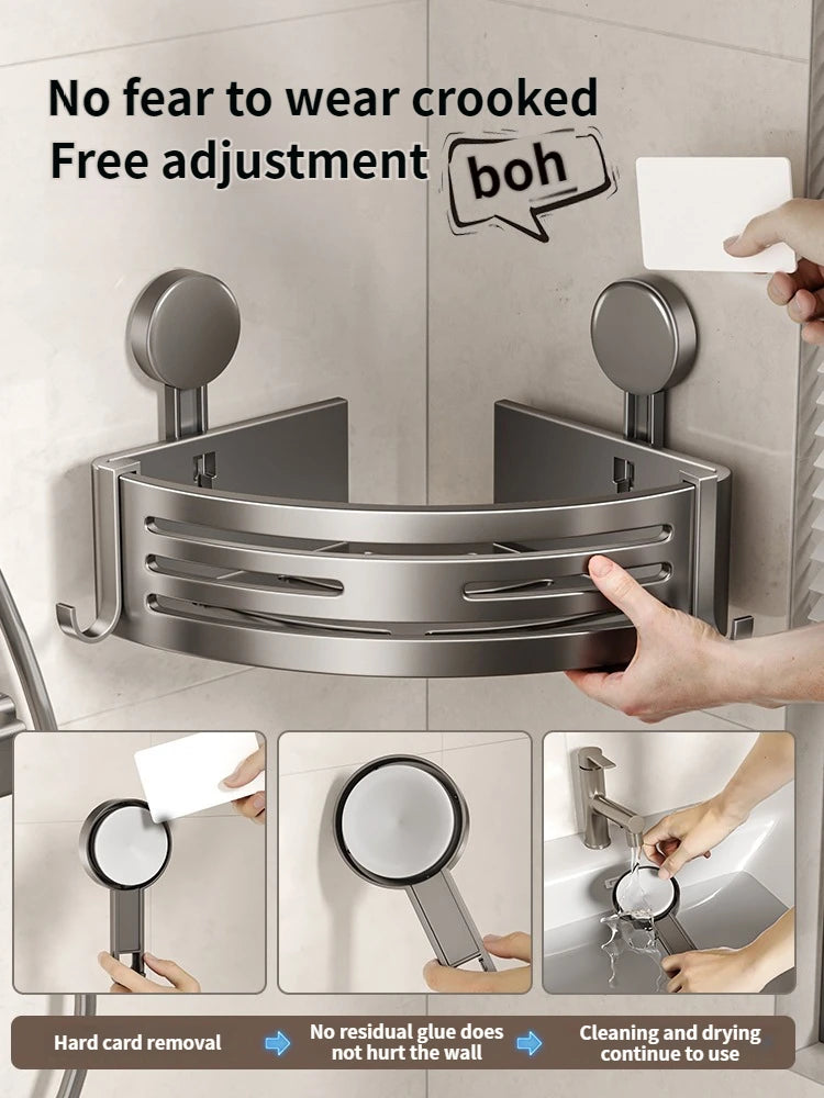 No-Drill Corner Shower Shelf | Adhesive Suction Cup Wall Rack