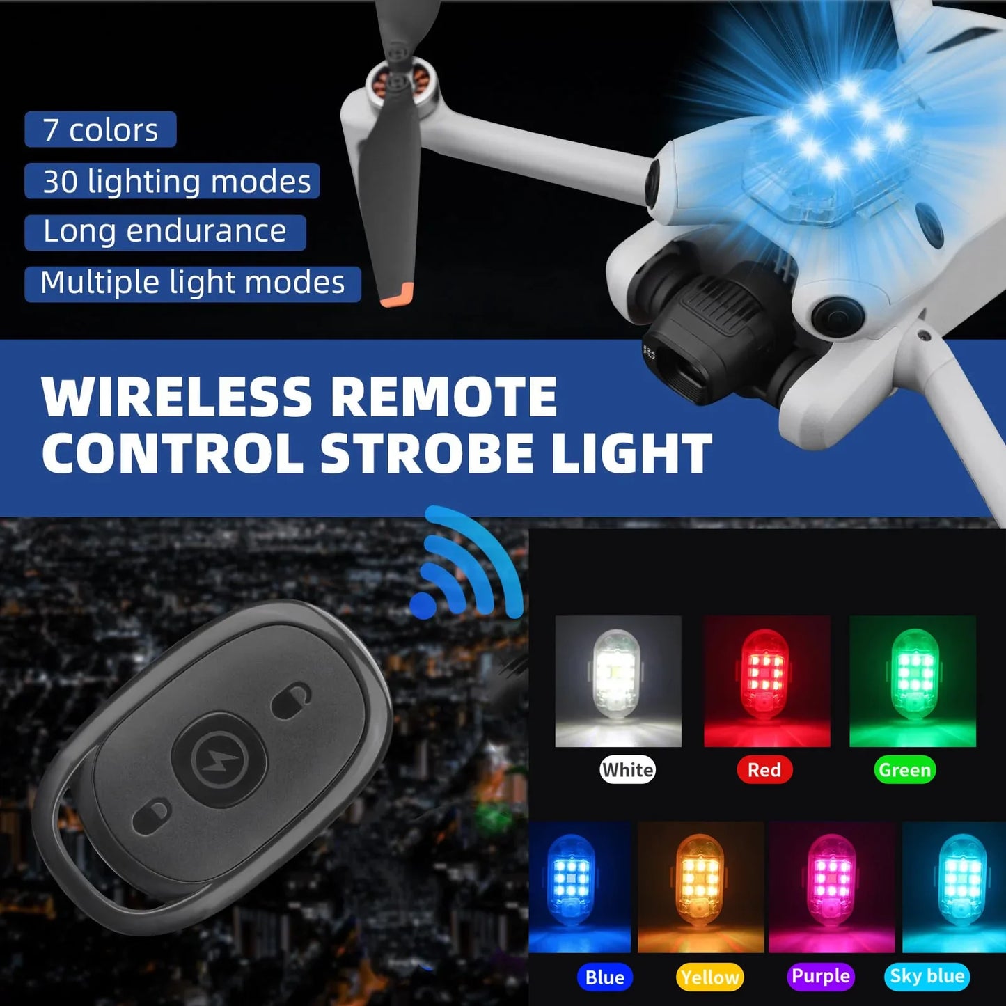 7-Color LED Strobe Warning Light – Wireless Remote, USB Rechargeable