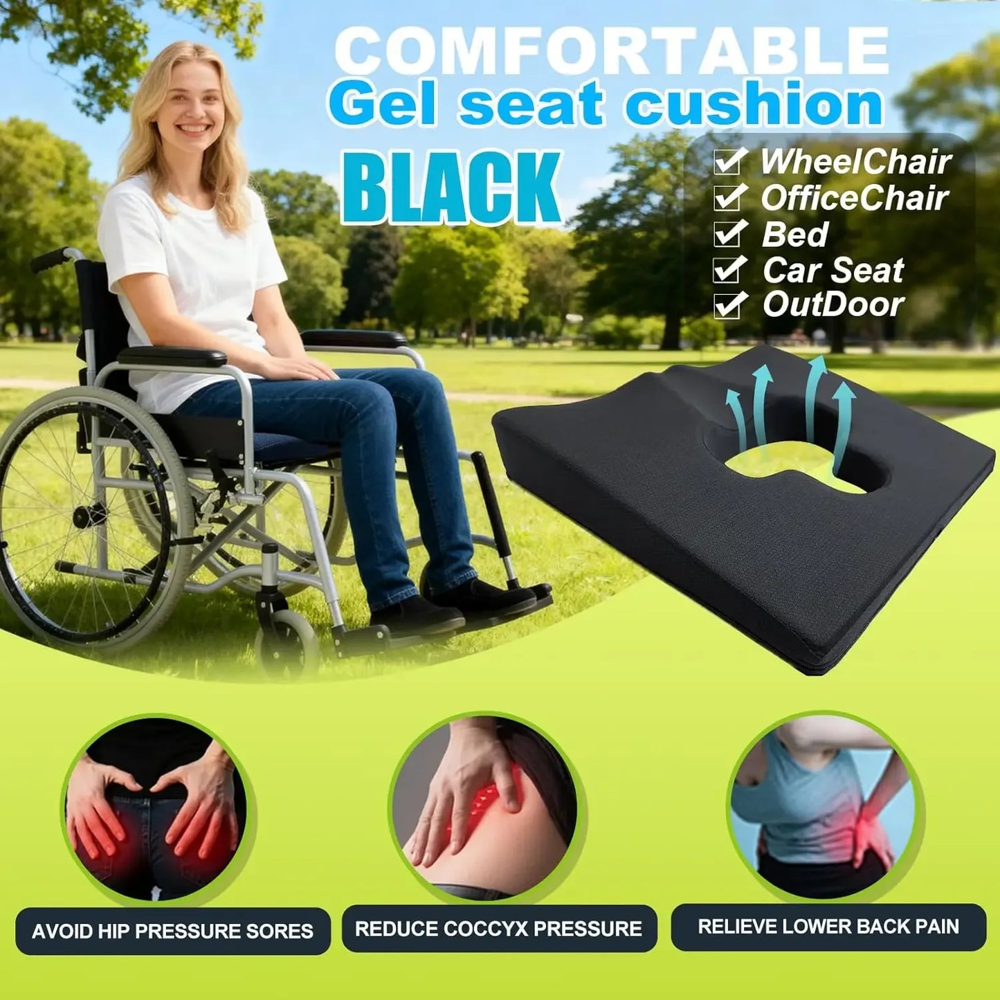 Gel Memory Foam Seat Cushion for Pressure Relief, Sciatica, and Back Pain - Universal Fit 18x15 Inches Black Peaceful Pleasures Health and Wellness