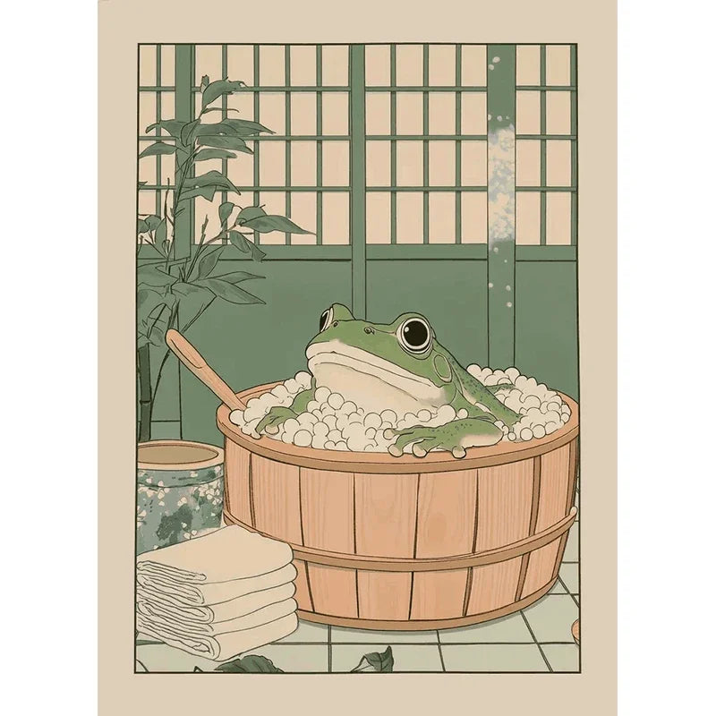 Japanese Cute Animals Bathtub Canvas Wall Art | Bathroom Decor