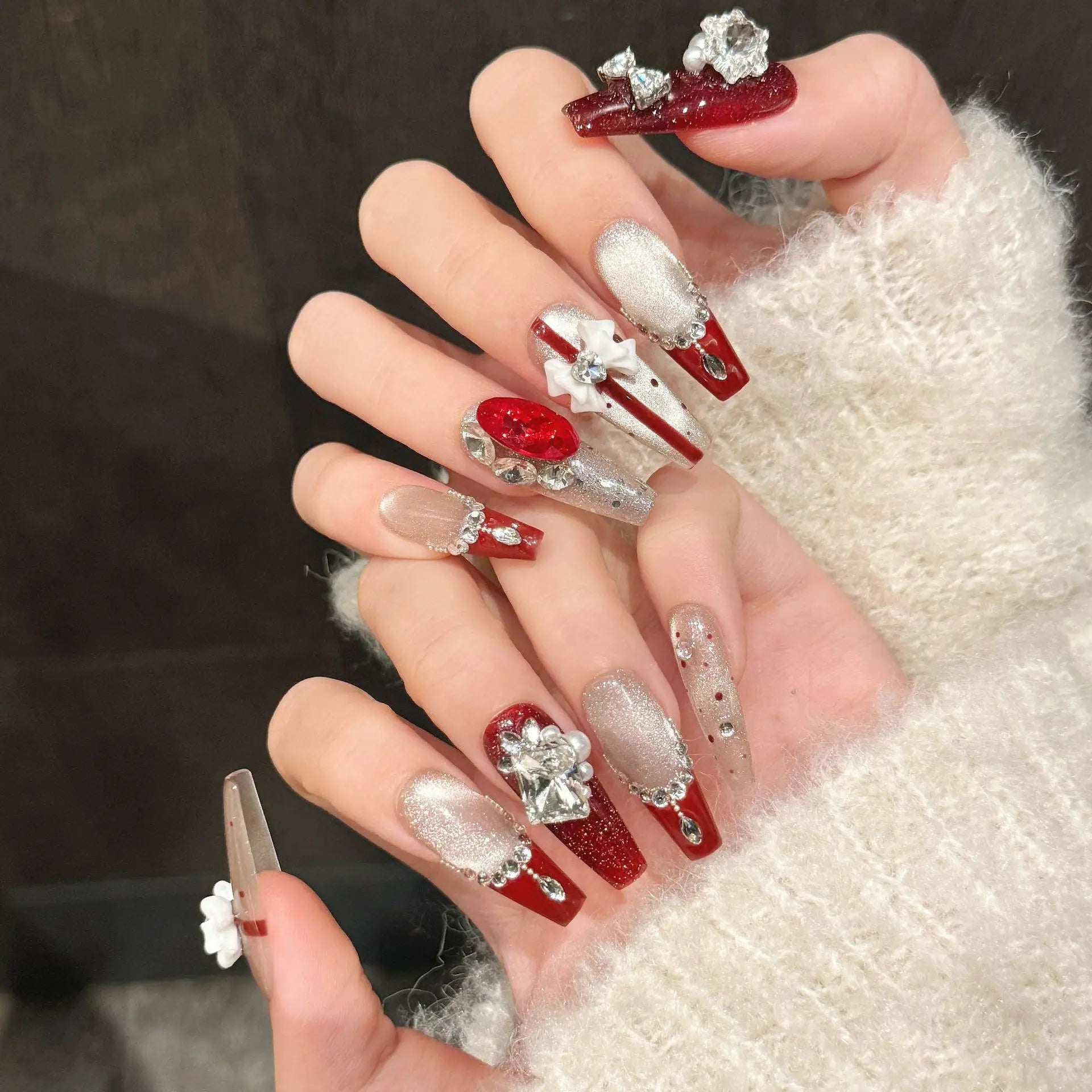 Handmade Long Ballet Press on Nails New Year Red French Fake Nail Patches 3d Bow Crystal Design Shiny Cat Eye False Nail Tips Peaceful Pleasures Health and Wellness