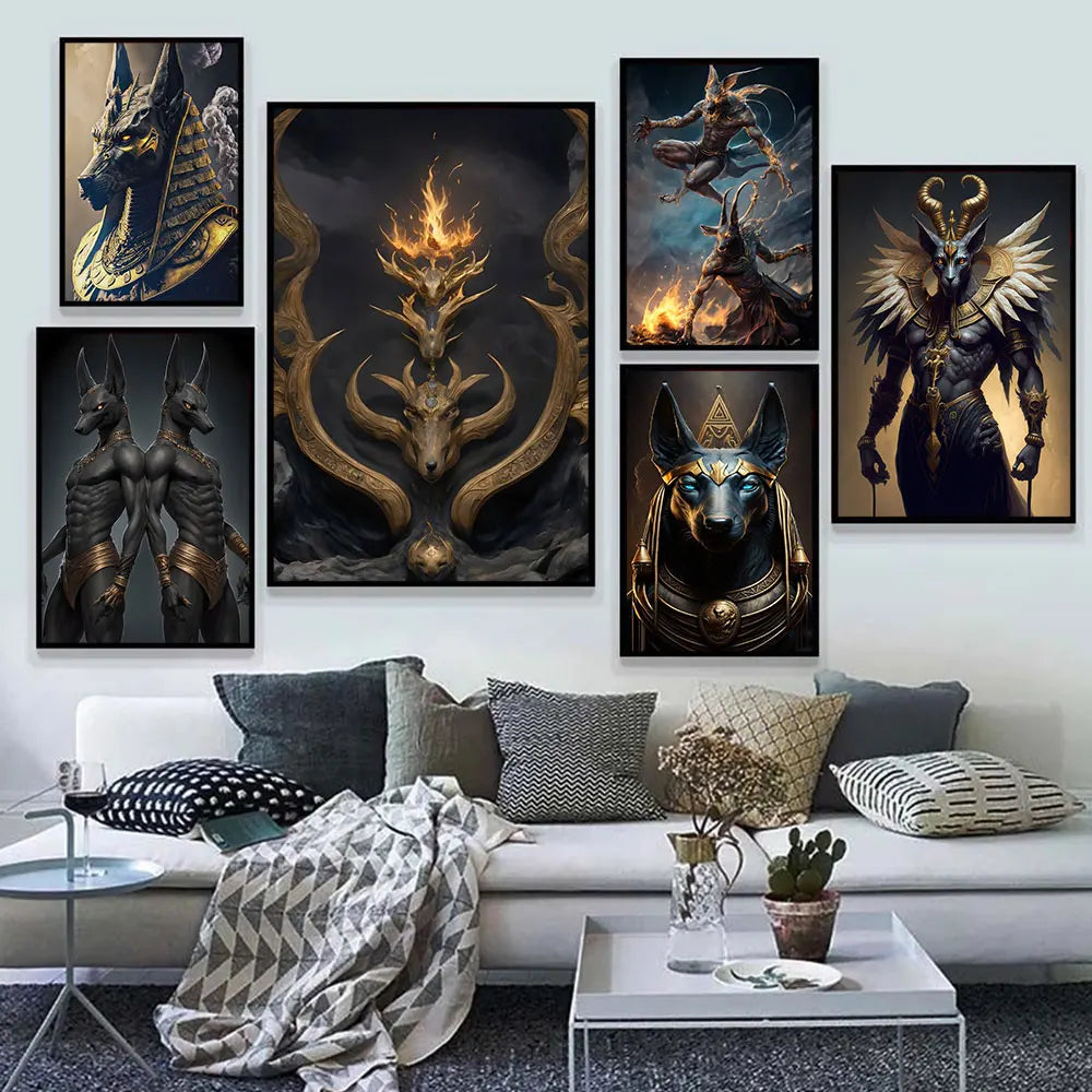 Ancient Egyptian Fantasy Mythology The God Anubis Golden Portrait Posters Print Canvas Painting Wall Art Picture Room Home Decor Peaceful Pleasures Health and Wellness