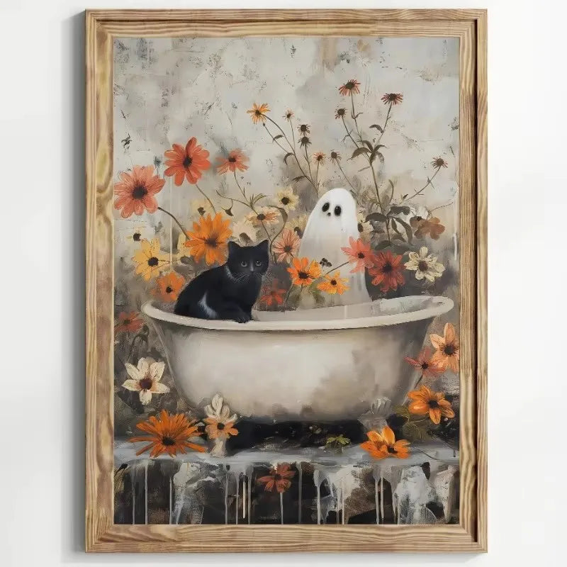 Retro Ghost & Black Cat Halloween Canvas Wall Art Poster Canvas Wall Art Print Peaceful Pleasures Health and Wellness ZLH5312 40x60cm No Frame