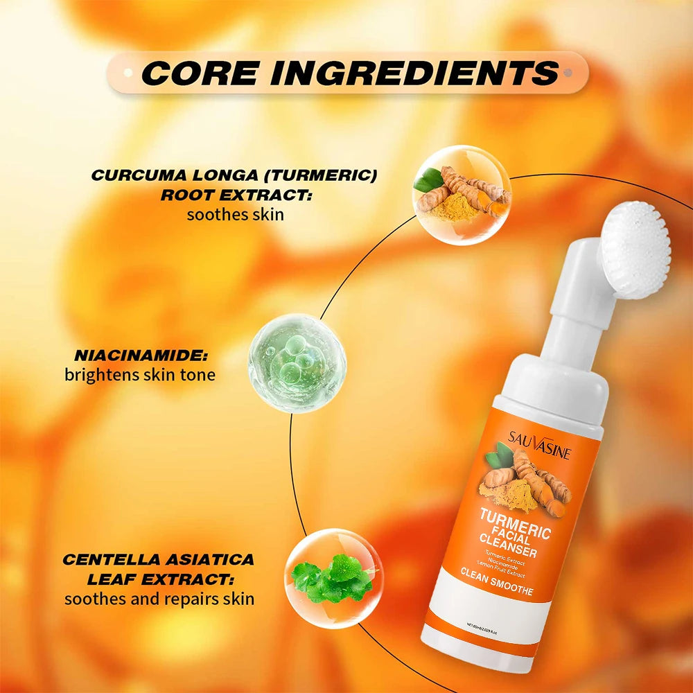 Turmeric Cleanser Moisturize Facial Brightening Skin Tone Daily Face Wash Foam with Brush Skin Care Clean Lemon Fruit Extract Peaceful Pleasures Health and Wellness