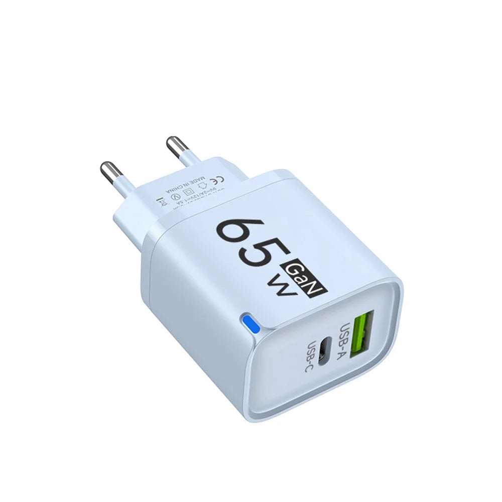 65W GaN 3-Port USB-C Fast Charger PD & QC 3.0 Adapter