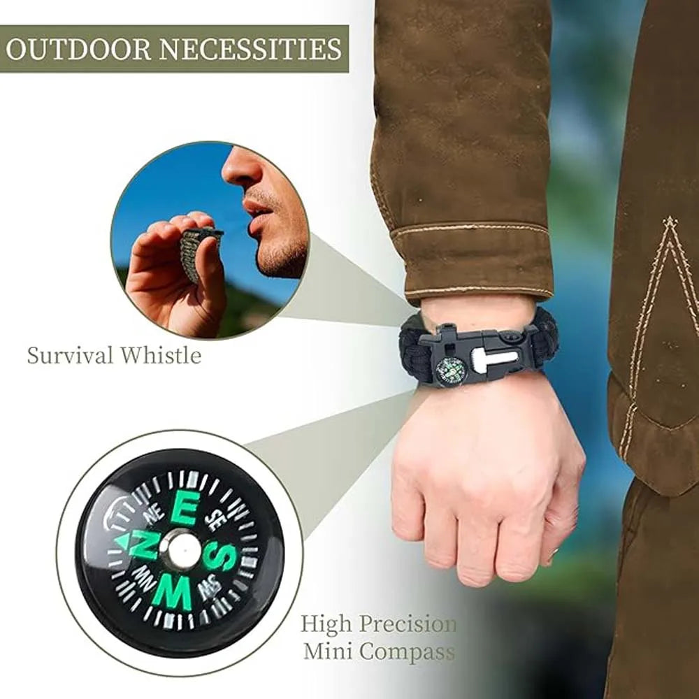 (No flint) Outdoor Survival Umbrella Rope SOS Bracelet Emergency Rescue Bracelet EDC Camping Survival Compass Whistle Peaceful Pleasures Health and Wellness