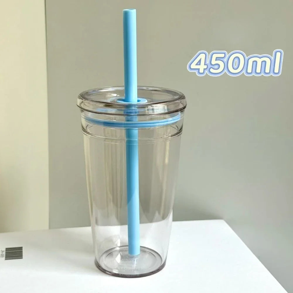 2026 450ML High Beauty Single Layer Milk Tea Straw Cup Transparent Multi Color Universal Coffee Cup Office Water Cup Home Hot Peaceful Pleasures Health and Wellness Blue