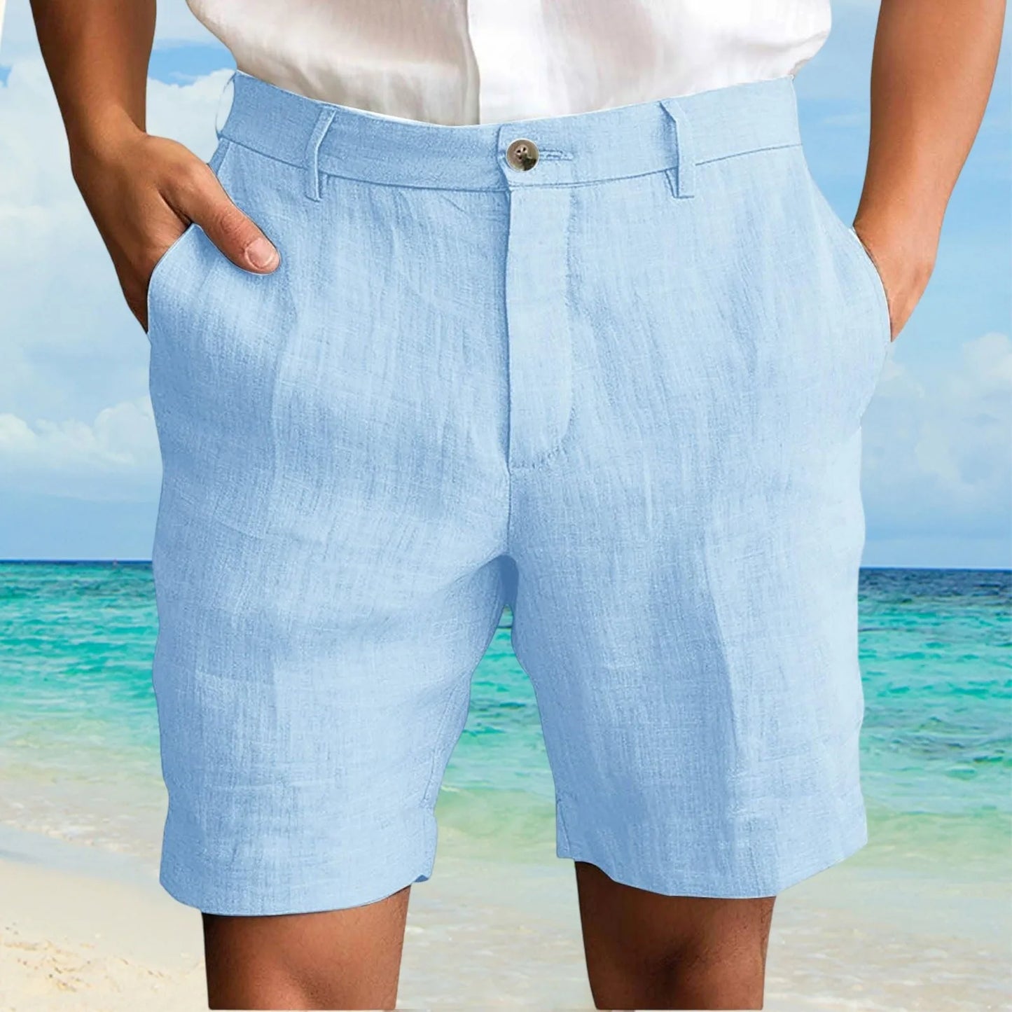 Summer Cotton Linen Shorts for Men Solid Casual Button Pocket Beach Shorts Men's Comfortable Simple Vacation Leiture Pants Peaceful Pleasures Health and Wellness Light Blue XL