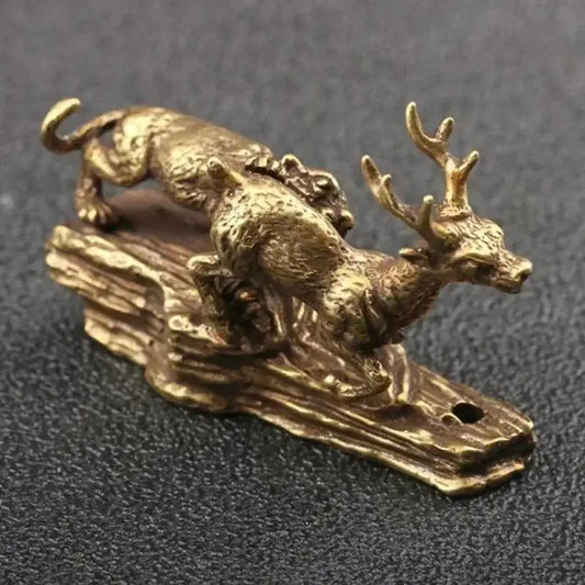 Pure Copper Tiger King Catching Deer Statue Small Ornament Antique Peaceful Pleasures Health and Wellness
