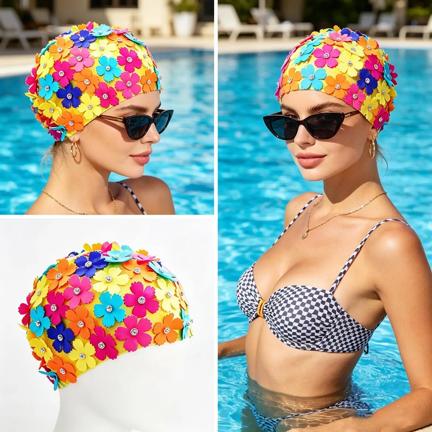 Rhinestone Flower Swim Cap for Women – Waterproof Bathing Hat