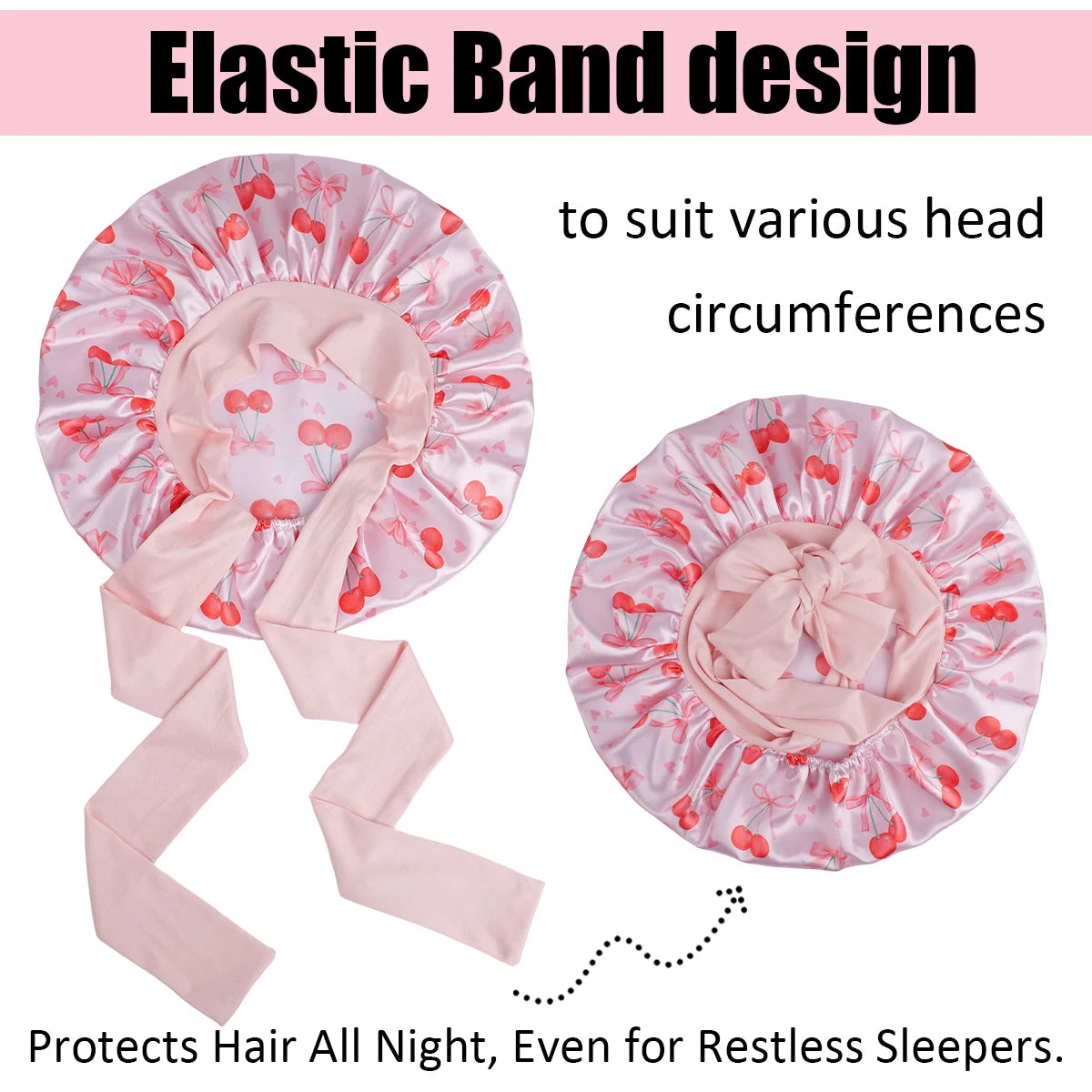 Adjustable Satin Sleep Bonnet Cherry Pattern | Hair Cap with Bow