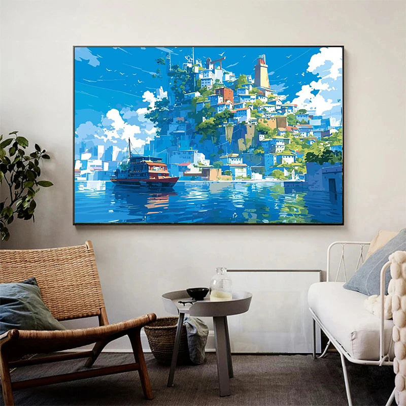 Aestheticism Anime Scenes Posters Sakura Tram Train Ocean View Landscape Prints Canvas Painting Wall Art Picture for Home Decor Peaceful Pleasures Health and Wellness