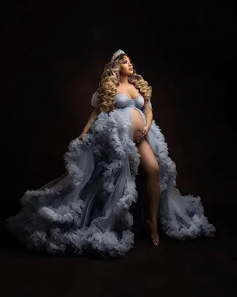 Deep V-Neck Lace Feather Maternity Gown | Photo Shoot Dress