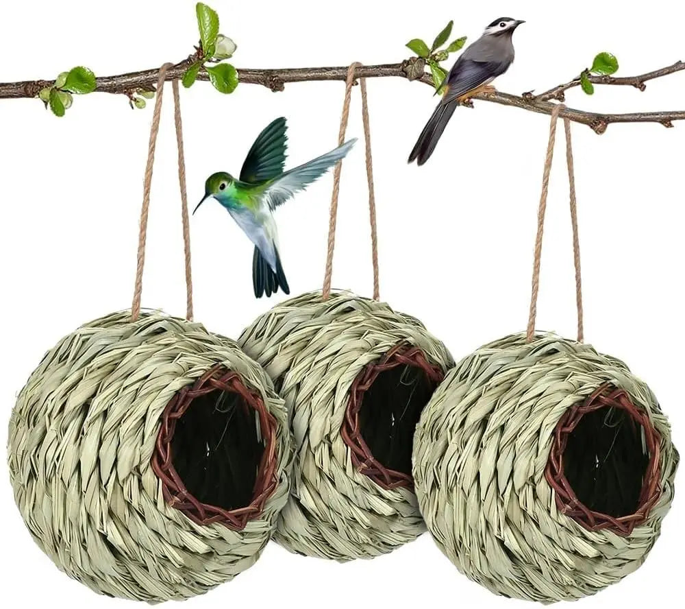 Hummingbird Houses for Outside Hanging, Natural Grass Hanging Bird Hut, Hand Woven Hummingbird Nest, Large Wren Finch Bird House Peaceful Pleasures Health and Wellness A 3pcs