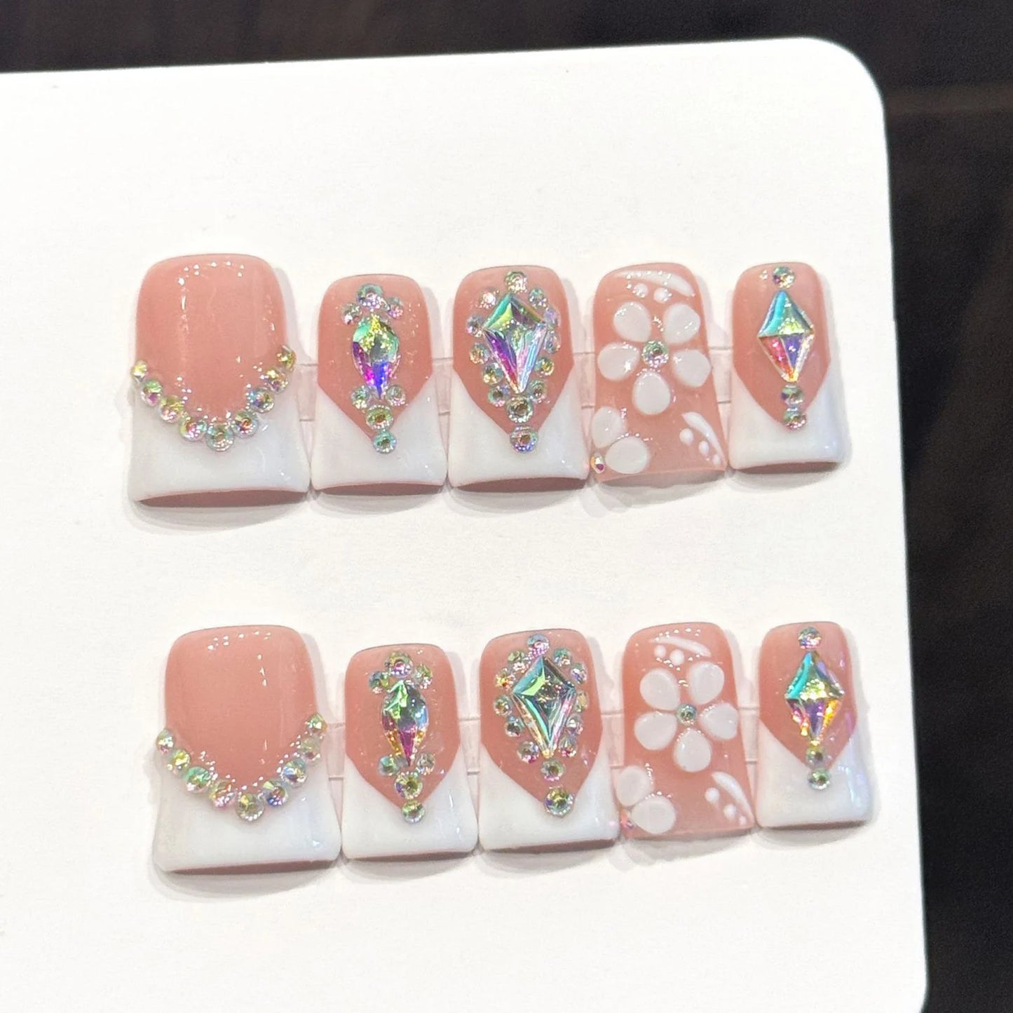 French Duckbill Press On Nails | Crystal Glitter Rhinestone Set