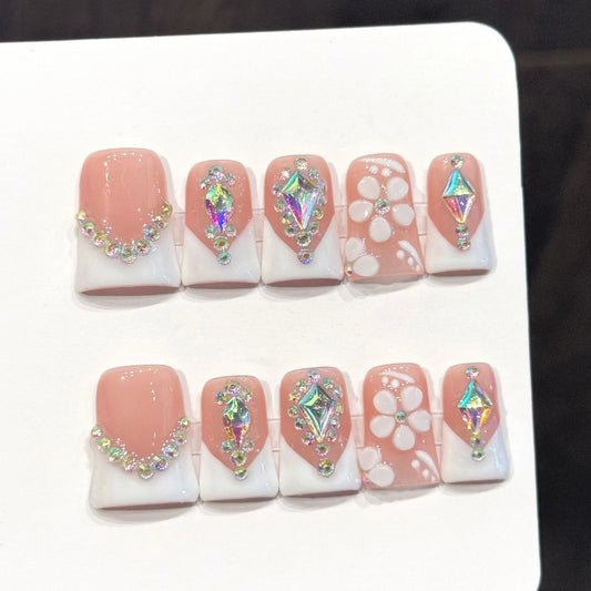 French Duckbill Press On Nails | Crystal Glitter Rhinestone Set Press On Nail Set Peaceful Pleasures Health and Wellness